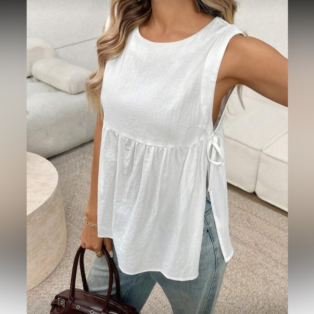 Oversized Cotton Sleeveless High Slit Open Sides Self Tie Top Blouse Shirt White